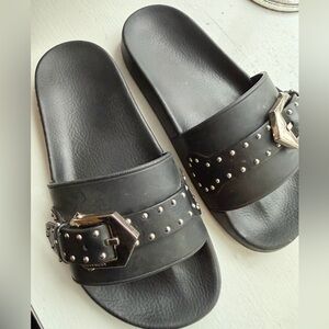 Givenchy Black Slides with Silver Accents Buckles and Studs size 36